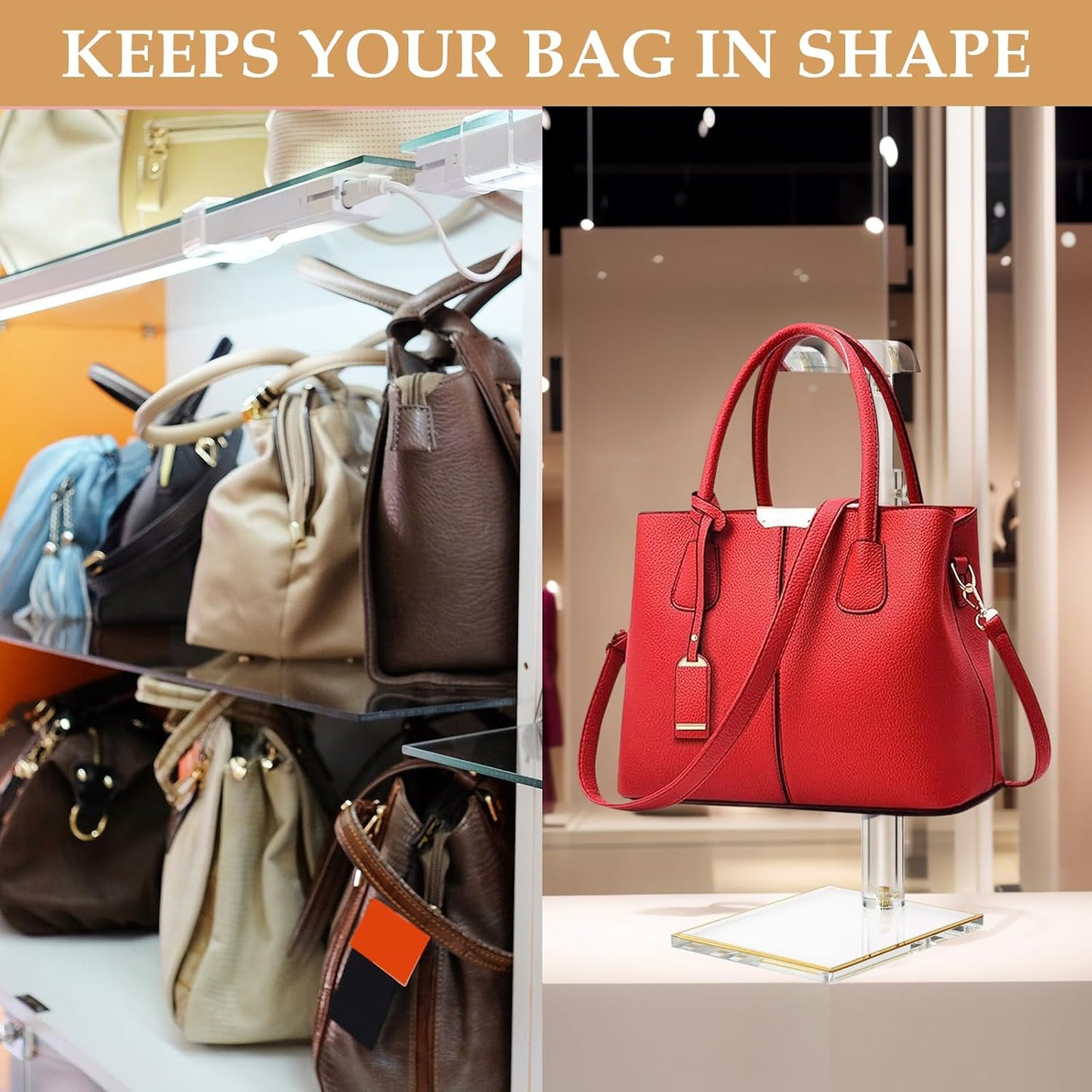 2Pcs Adjustable Purse Display Stands, Height 10"-16"+14"-24", Acrylic Handbag Stands for Display, Clear Holder for Purse Evening Bag Clutch, Bag Table Rack, Purses Hanging Organizer for Closet Retail Vendor