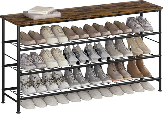 Shoe Rack Organizer 4 Tier for Closet Entryway Free Standing Metal Storage Shoe Shelf with MDF Top Board (Black+Rustic Brown, Large 4 Tier)