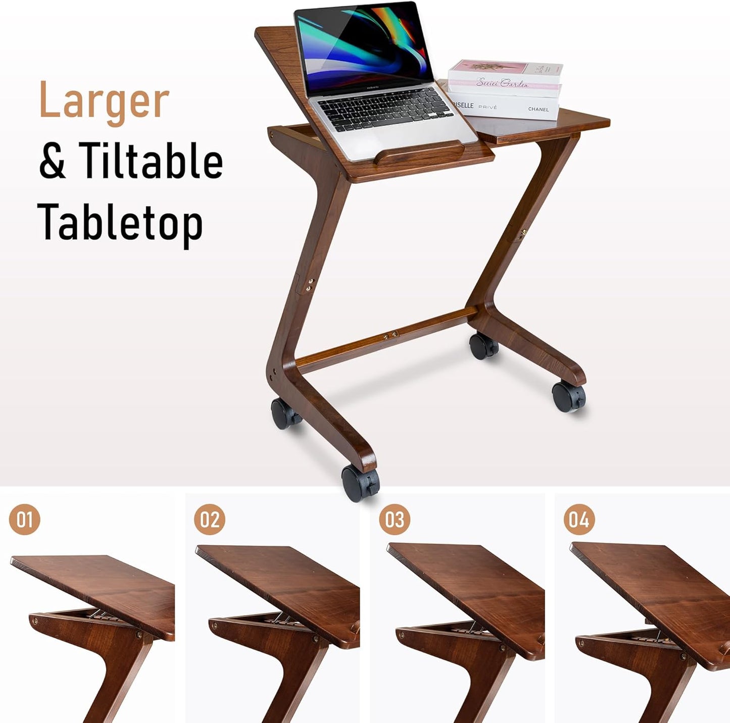 TV Tray Table with Casters, Solid Rubberwood End Tables, Sofa Side Table Couch Table Laptop Desk Removable Snack Tray for Coffee Bed Sofa Eating Writing Reading Living Room Bedroom, Dark Walnut