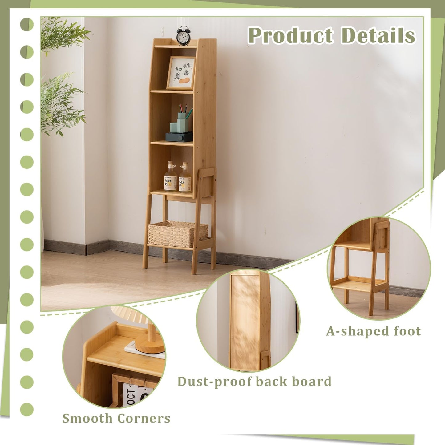 4 Tier Bamboo Bookcase, Classical Modern Bookshelf, Dispaly Shelves, Bamboo Wood Organizer Book Shelf for Living Room Home Office-Natural, Large