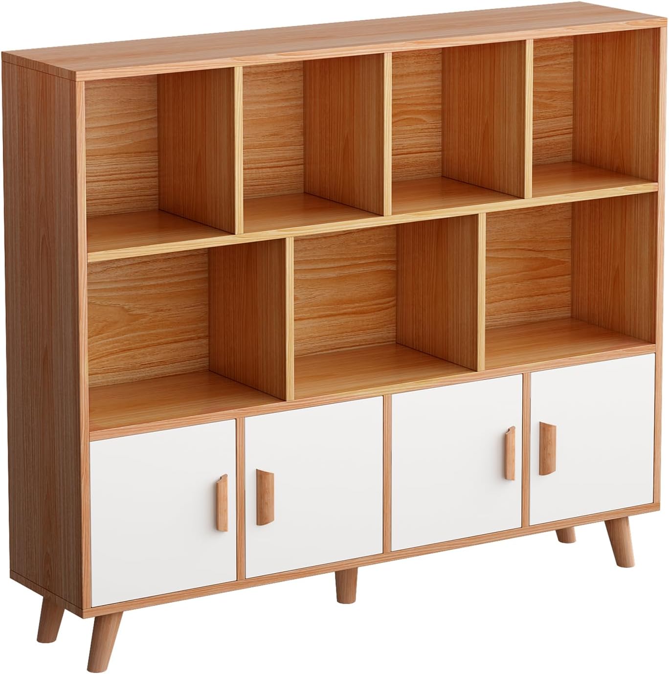 Cubby Shelf Bookcase with Doors - Wooden 11 Cube Floor Standing Open Bookshelf with Solid Wood Legs, 3-Tier Storage Cabinet, Oak and Warm White