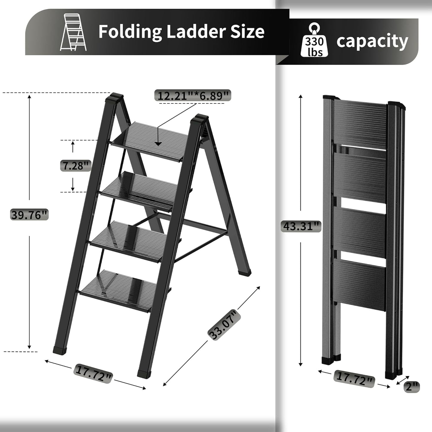 Lightweight Folding Step Ladder Household, Aluminum 4 Step Ladder Foldable for Home, Sturdy Step Stool for Adults 330 Lbs - Black