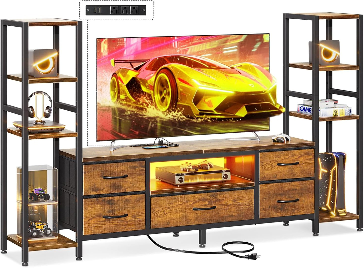 Casaottima 71" TV Stands for 43, 50, 55 Inch TV Entertainment Center with LED Lights and Power Outlets, TV Stand Living Room with 5 Fabric Drawers & Shelf, TV Console Cabinet for Bedroom, Rustic Brown