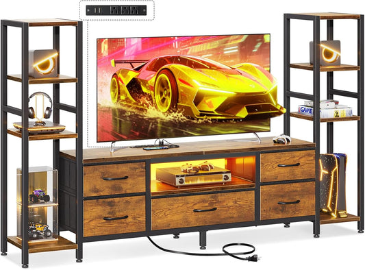 Casaottima 71" TV Stands for 43, 50, 55 Inch TV Entertainment Center with LED Lights and Power Outlets, TV Stand Living Room with 5 Fabric Drawers & Shelf, TV Console Cabinet for Bedroom, Rustic Brown