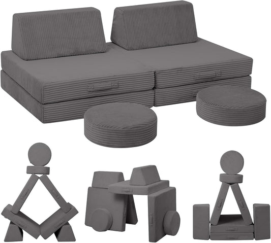 MeMoreCool Kids Couch for Playroom, Corduroy Convertible Toddler Couch, 8 Piece Modular Play Sofa, Foam Fort Building Set for Child Room Furniture, Dark Grey
