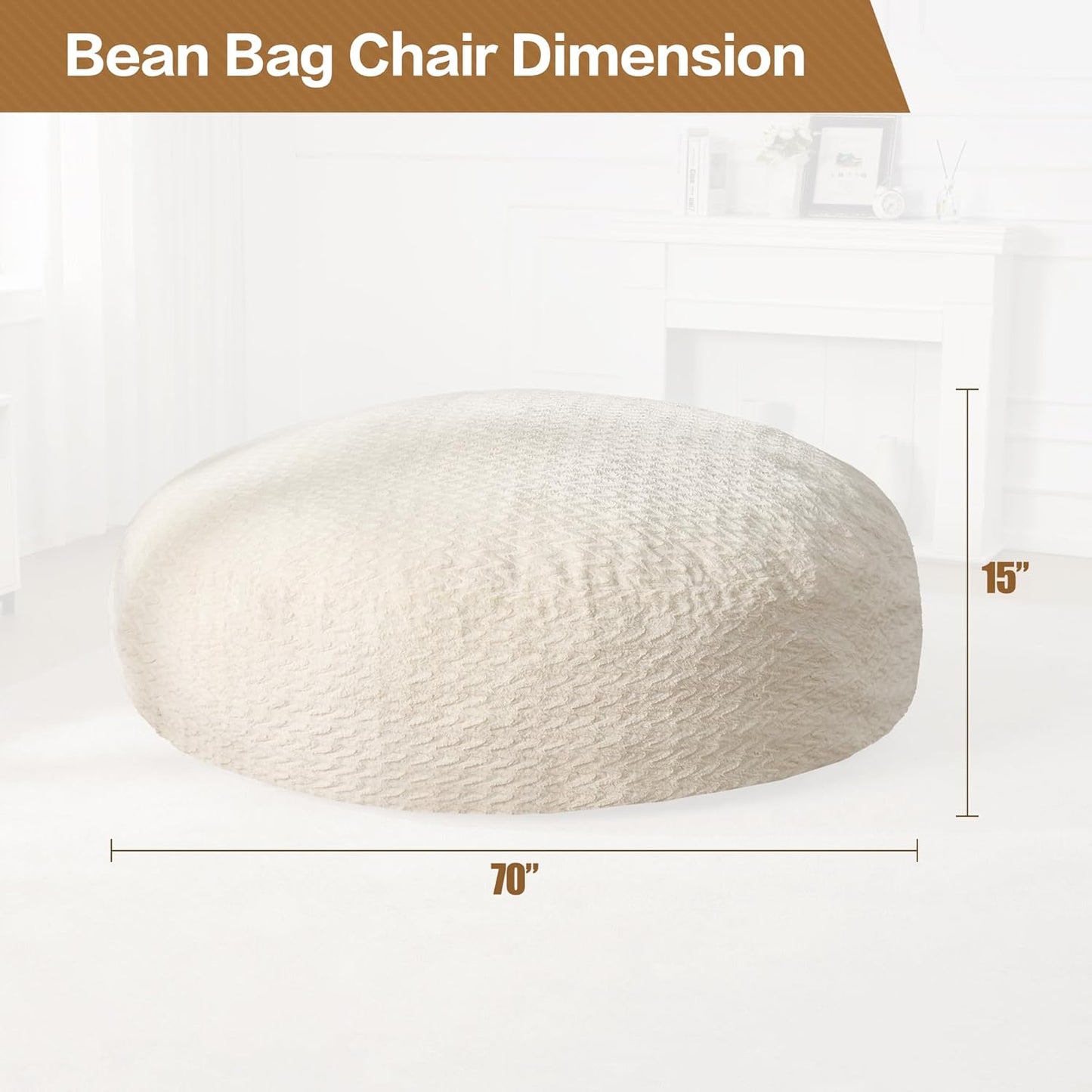 Hobestluk 6ft Bean Bag Chairs for Adults Large Beanbag Chair with Chevron Plush Fur Cover Big Bean Bag Chair for Living Room Bedroom Dorm Office - White (70" x 70" x 15")