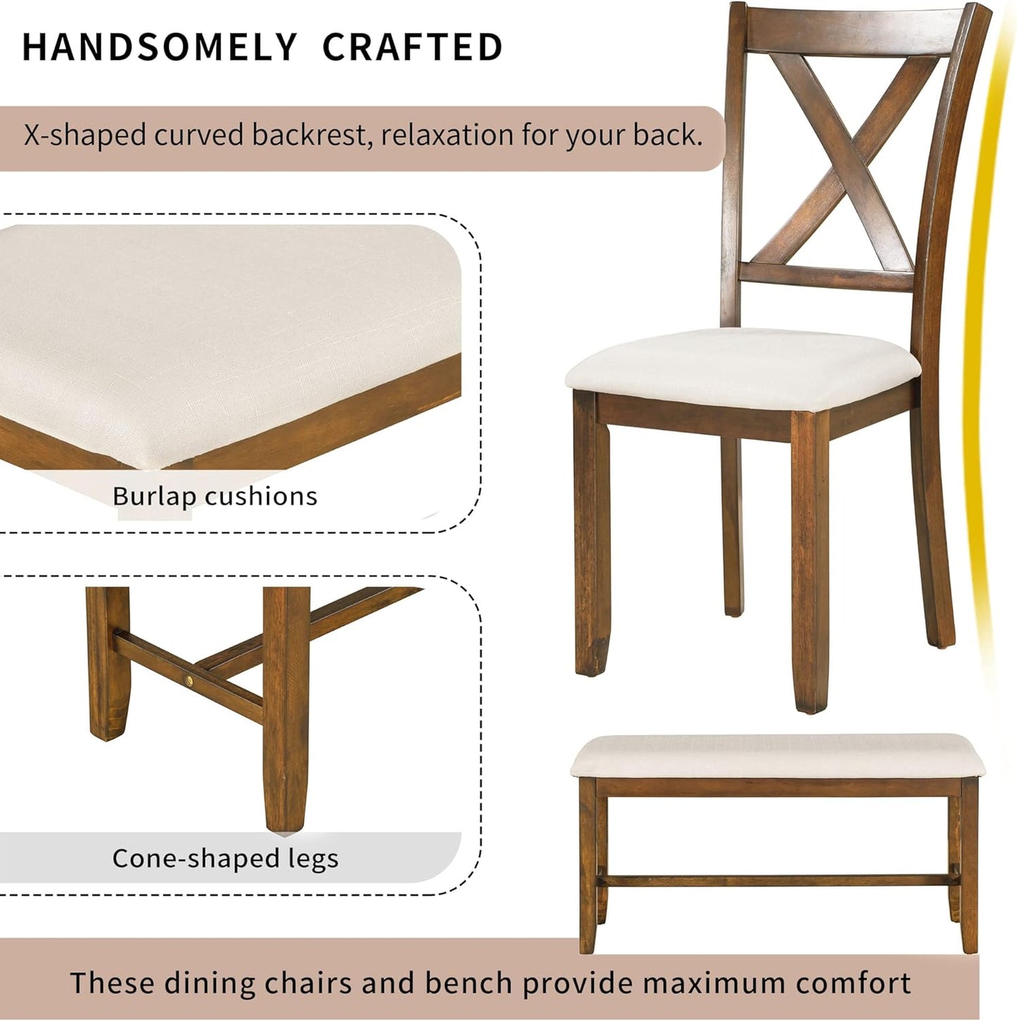 Ball & Cast 6 Piece Dining Table Set with 4 "X-Shaped Curved Backres Fabric Chairs & 1 Bench,Living Room Furniture W/ 60" Rectangle Kitchen Desk,for Restaurant,Home Bistro,Natural Cherry