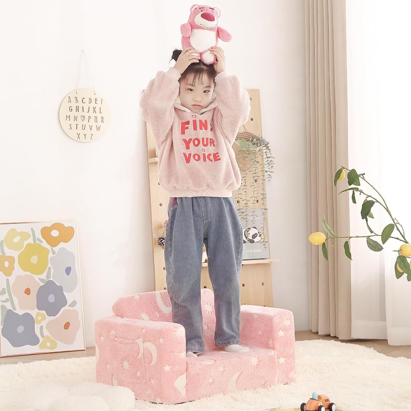 Welnow Toddler Chair, 2-in-1 Soft Sherpa Kids Sofa, Convertible Toddler Couch Lounger, Flip Out Kids Couch Chair with Side Pockets & Removable Cover for Girls and Boys, Pink Moon