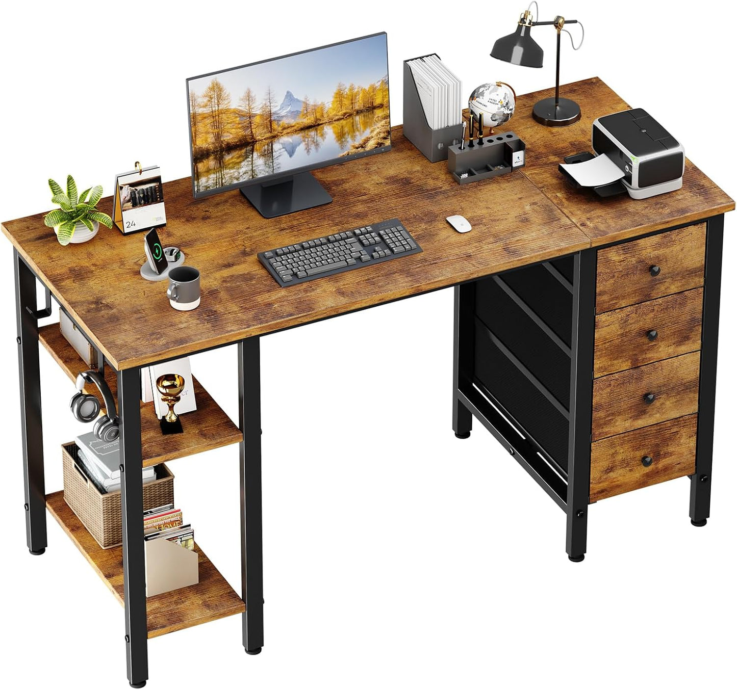 Lufeiya 47 inch Desk with 4 Drawers & Storage Shelves, Writing Work Study Computer Desk for Home Office Bedroom, Modern Simple Student PC Desks Table, Rustic Brown