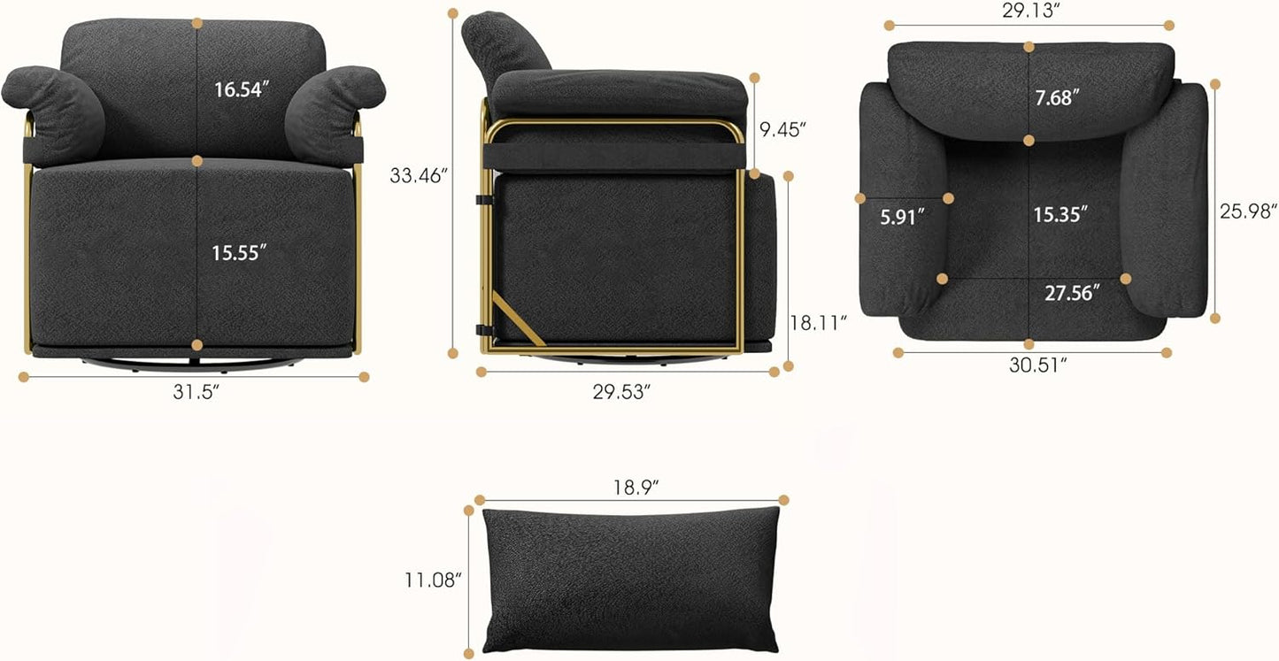 KEIKI Modern Comfy Swivel Accent Reading Chair with Waist Pillows, 360°Square Upholstered Barrel Armchair Single Club Lounge Sofa Chairs for Living Room,Bedroom,Office,Black