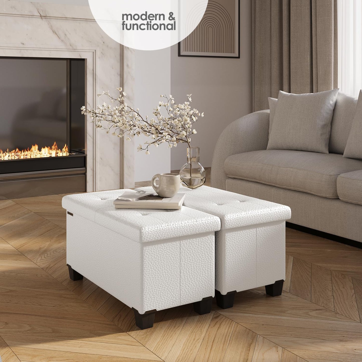 STORAGEBUD Storage Ottoman Bench with Bins, 30-in Storage Bench for Bedroom End of Bed, Folding Foot Rest Ottoman for Living Room Max 660lbs, Faux Leather Ottomans, Cream