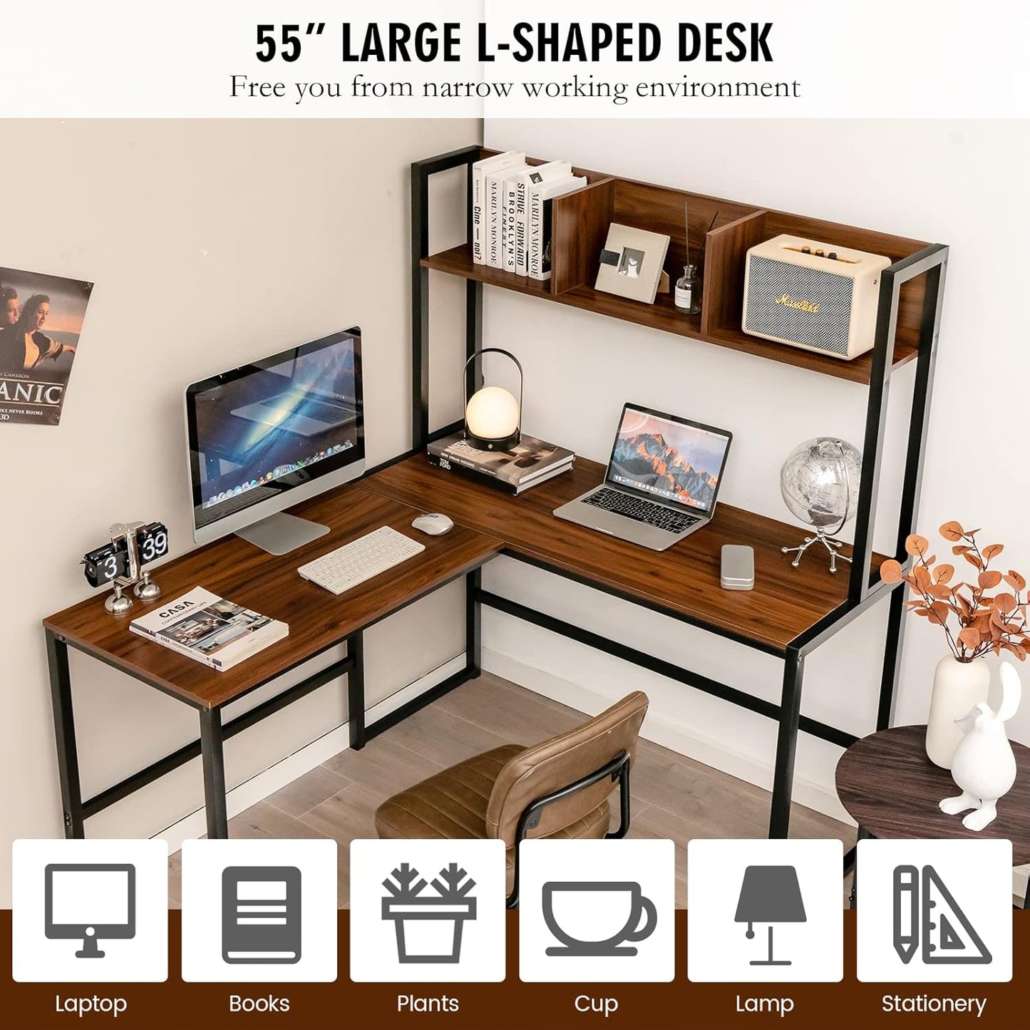 Tangkula Reversible L-Shaped Desk with Hutch, Space Saving Corner Computer Desk with Storage Shelves, Home Office Study Writing Desk Computer Workstation with Storage Bookshelf, Gaming Desk