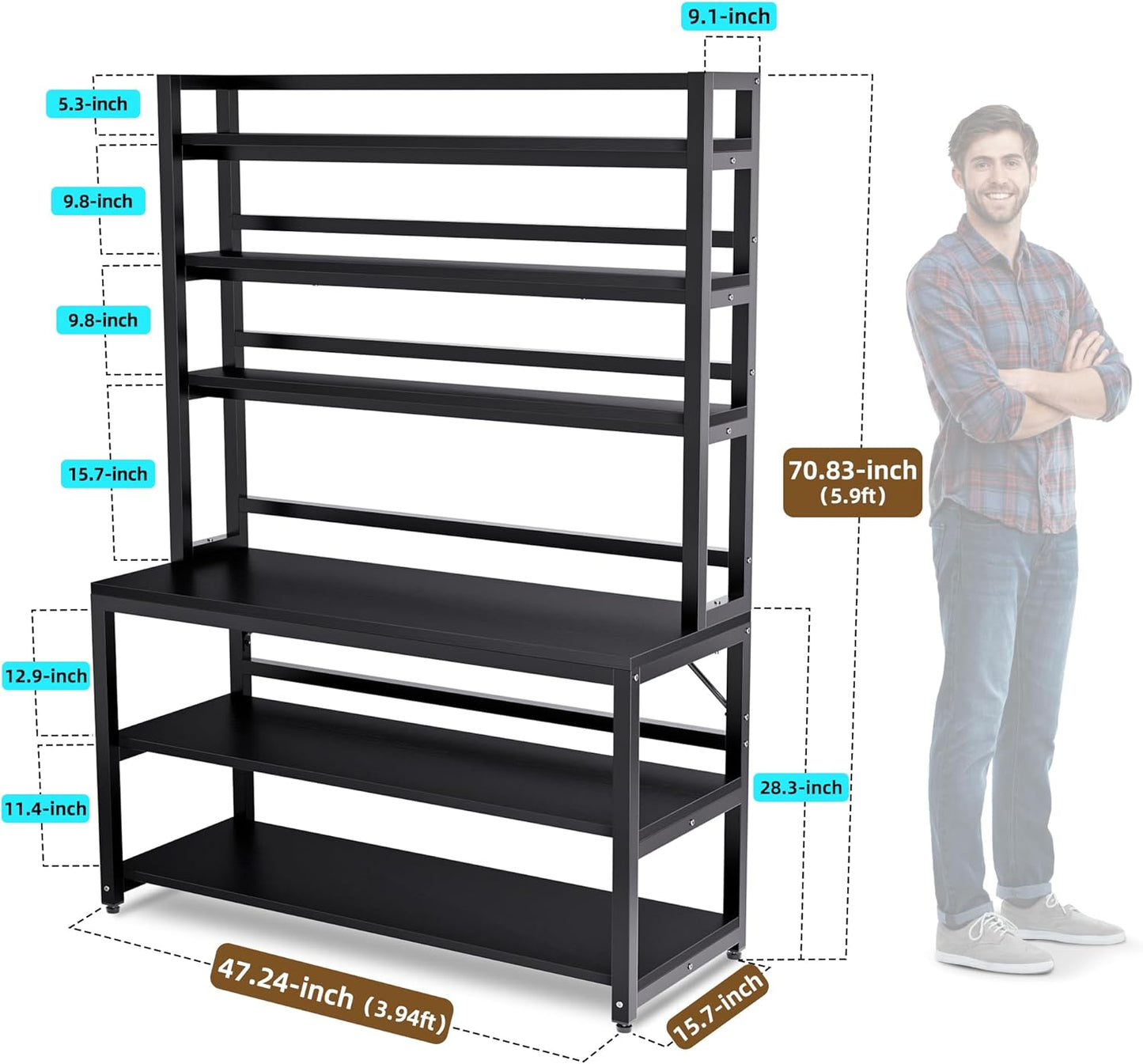 Aquzee Large Bakers Rack for Kitchens, 47in Wide (47.2“W x 15.7”D x 70.8" H) 6 Tiers Kitchen Stand with Hutch & Storage, Black Freestanding Tall Bakers Racks Organizer with Shelves