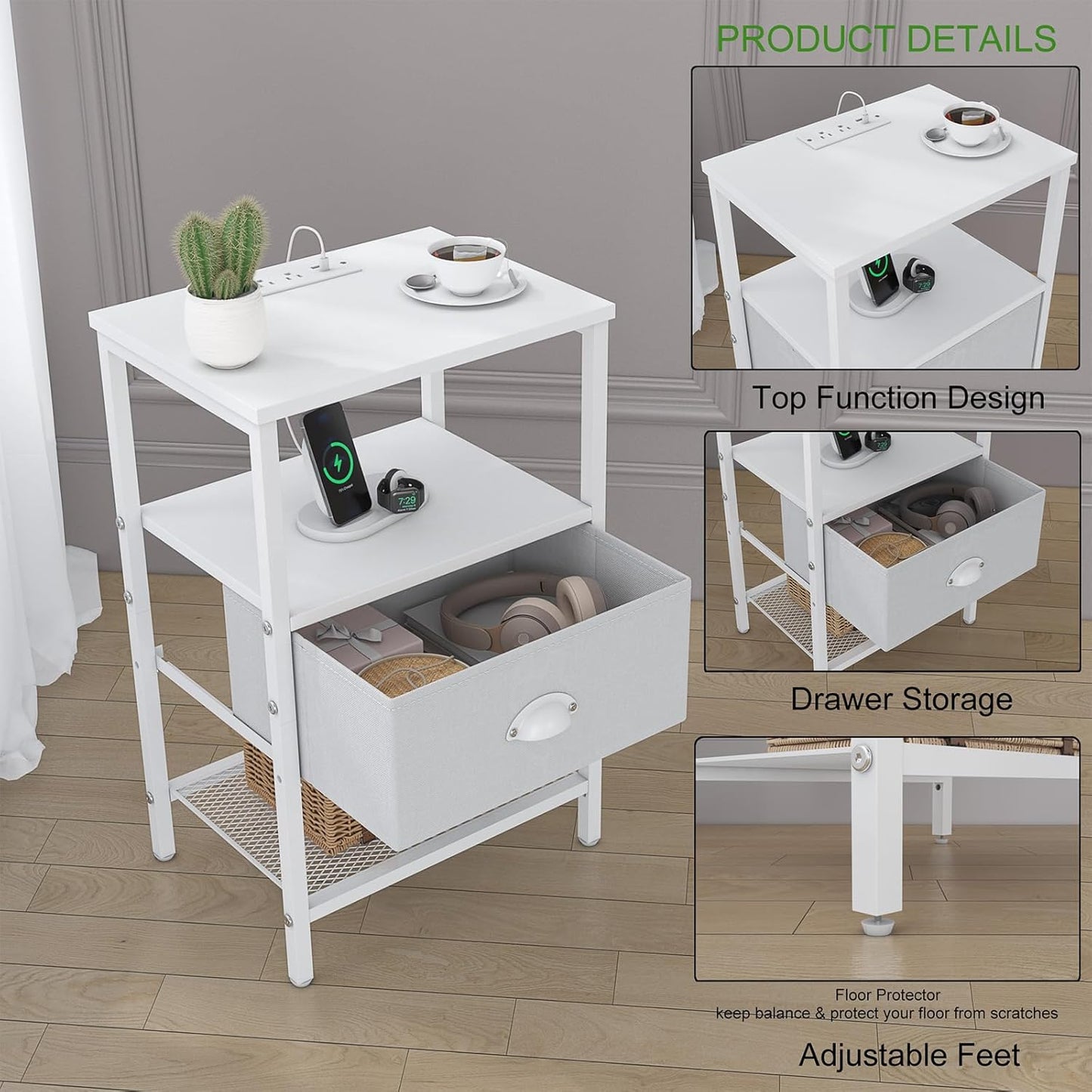 Sthmec Nightstands with Charging Station, LED Bedside Tables with Charging Station and Fabric Drawer, Night Stand with Storage, 3 Tier Side Table with Open Shelf, LED Nightstand Bedside Table,White