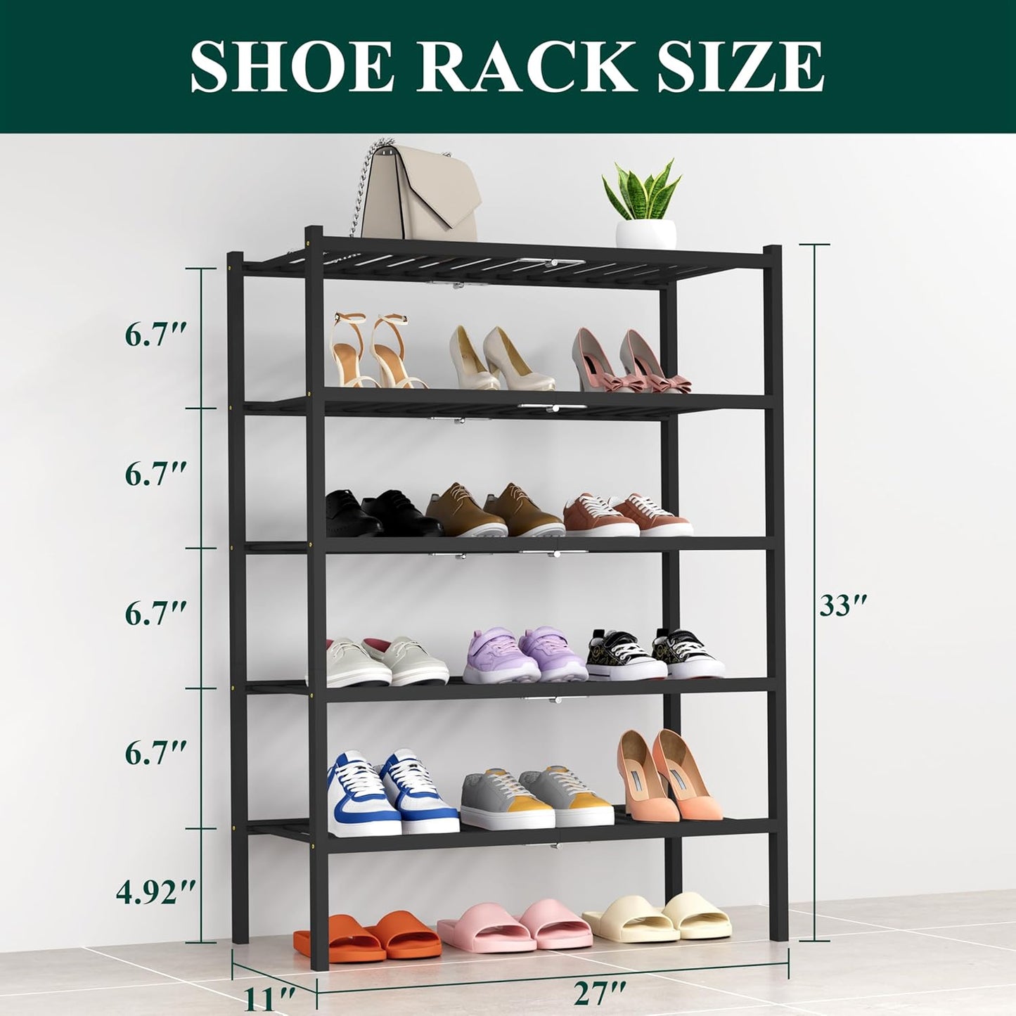 Smiry Shoe Rack, 5 Tier Thick Bamboo Shoe Organizer, Stackable Free Standing Wooden Shoe Storage Shelf for Closet, Entryway, Front Door Entrance, Black