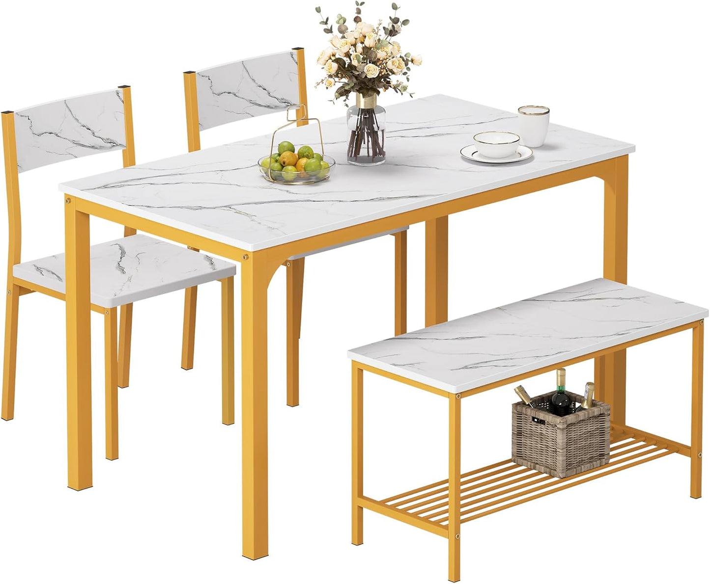 SogesHome 4-Piece Kitchen Table and 2 Chairs for 4 with Bench, Dining Table Set for Small Space, Apartment, Living-Room, Restaurant, Golden