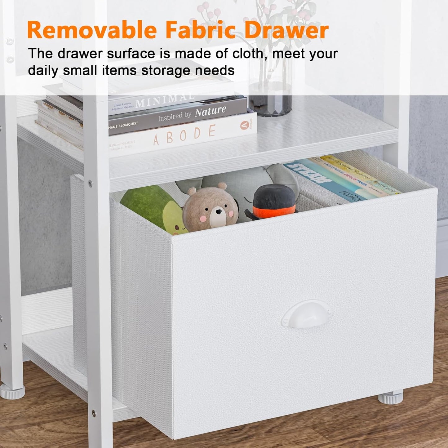 Furologee White 4 Tier Bookshelf with Drawer, Small Narrow Bookcase with Shelves, Modern Free Standing Shelf Unit, Wood and Metal Display Storage Shelves Organizer for Bedroom, Living Room, Entryway