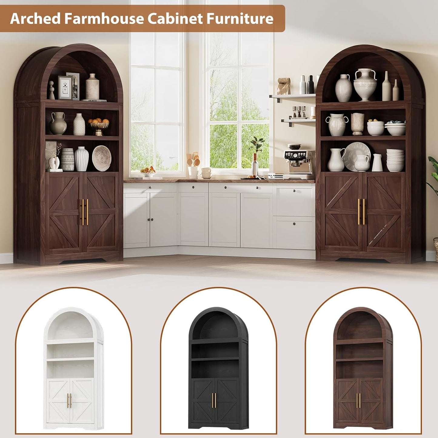 Arched Bookshelf Bookcase China Pantry Storage Cabinet with Doors and Shelves,Kitchen Pantry Cabinet,71“ Tall Food Pantry Furniture for Living Room, Dining Room (Brown)