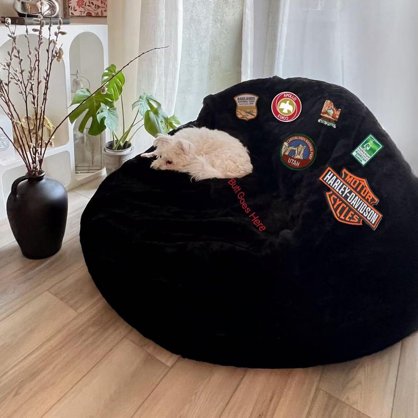 BCU Oversized Bean Bag Cover With Embroidered Words Comfy Beanbag Chair for Adults Without Filler Faux Fur Lazy Sofa Cover for Living Room Chairs, Black, 5FT