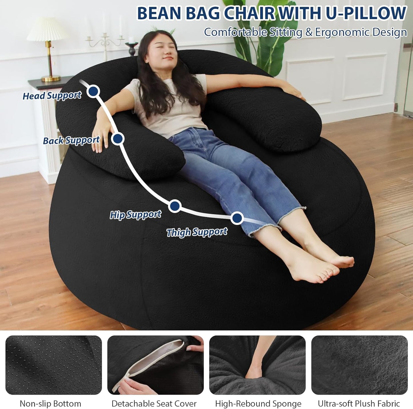 HABUTWAY Bean Bag Chair with U-Shaped Pillow for Adult and Kids Big BeanBag Chair with Filling Ultra Soft Faux Fur Couch Chair with Washable Cover for Living Room Bedroom Office, Black & Black
