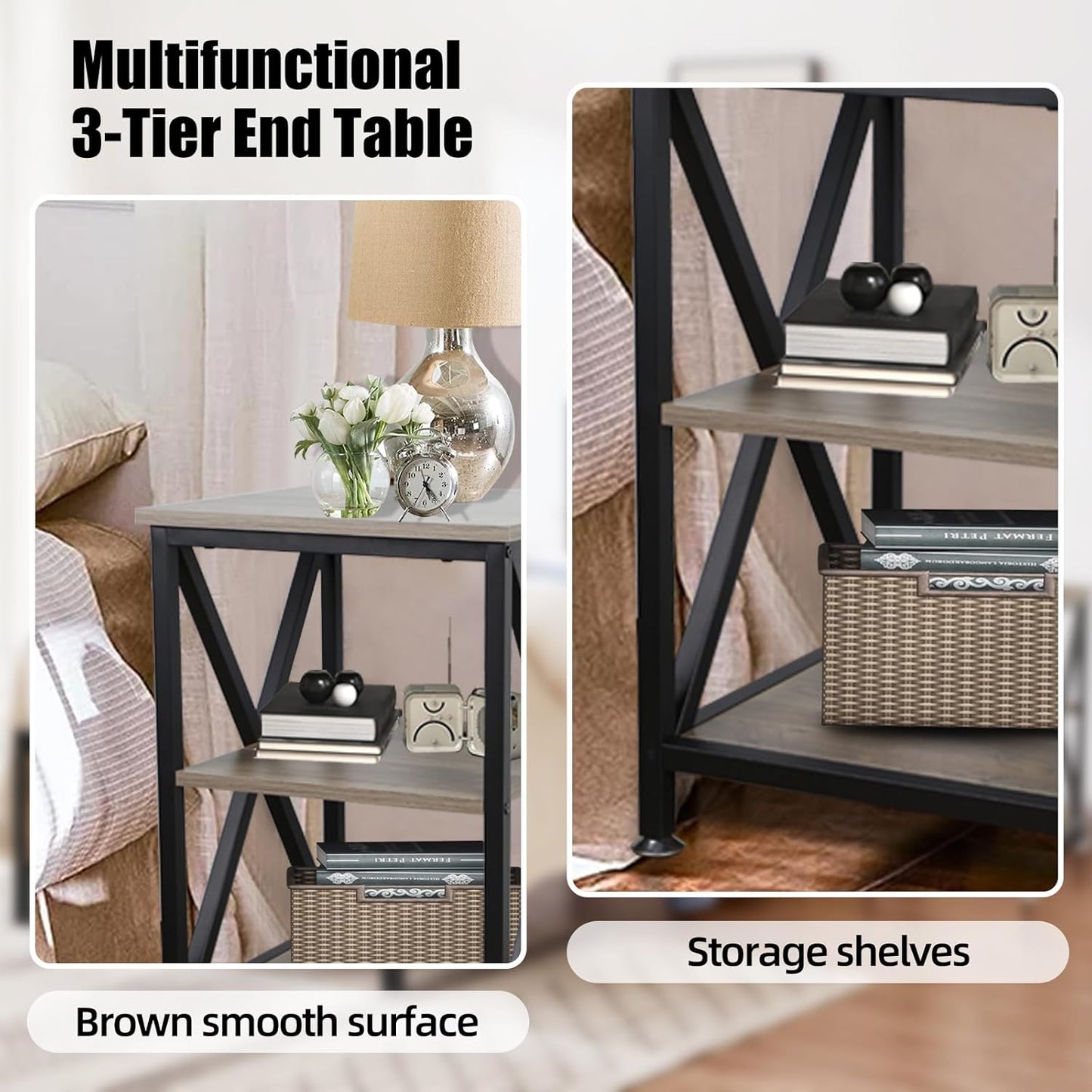 End Tables Living Room Set of 2, 16" D x 16" W x 24" H, Indoor Side Tables Living Room with Storage Shelf, Square End Table Set of 2, X-Shaped Night Stands for Bedroom, Farmhouse Wood End Tables, Grey