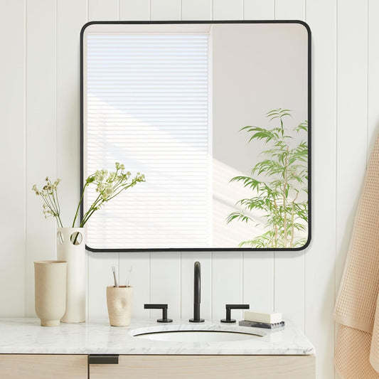 36x36 Inch Rectangle Bathroom Mirror with Black Metal Frame, Rounded Corner Rectangular Vanity Mirror for Wall, Modern Large for Bedroom, Living Room, Horizontal or Vertical