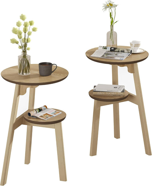 ChooChoo Round End Table Set of 2, Narrow Side Table for Small Spaces, Accent Table Night Stand with 2 Tier Shelf for Bedroom and Living Room, Natural