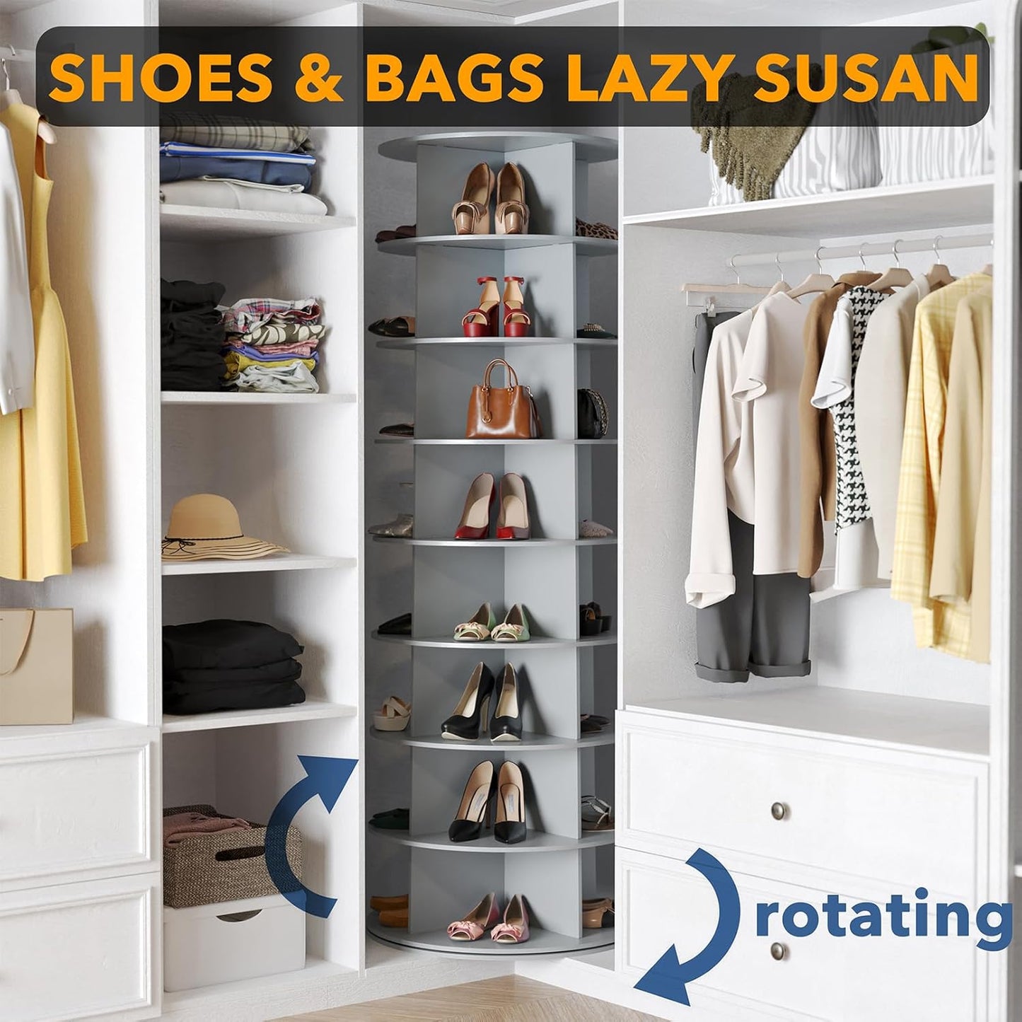 SpaceAid 8 Tier Rotating Shoe Rack Tower, Spinning Shoe Display Lazy Susan, Revolving 360 Shoe Rack Storage Round Carousel, Vertical Handbag Rotate Shoes Closet Organization (8-Tier Gray)