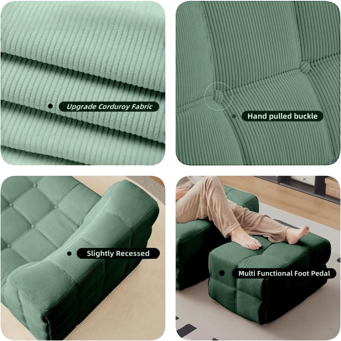 Bean Bag Chair - Memory Foam Bean Bag Chair for Adults, Comfy High-Resilience Single Sofa, Small Space Floor Chair, Chaise Lounge for Living Room, Bedroom (Dark Green, Square+Ottoman)