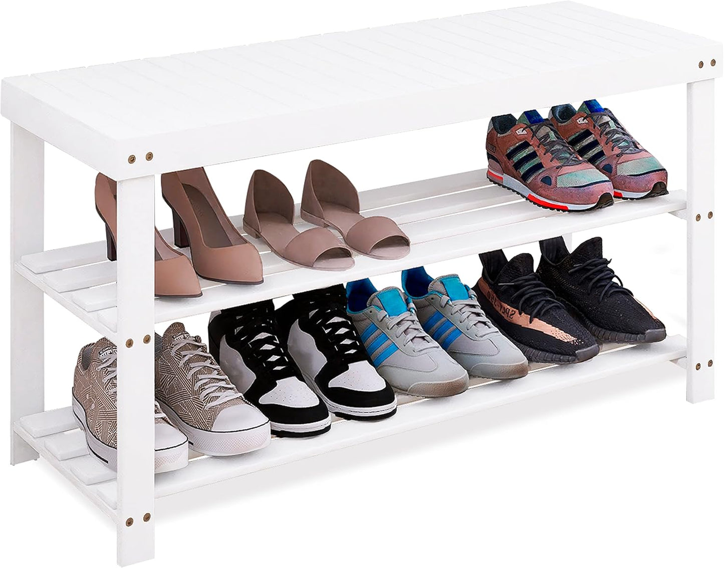 SMIBUY Bamboo Shoe Rack Bench, 3-Tier Shoe Organizer Storage Shelf for Entryway Hallway Bathroom Living Room (White)