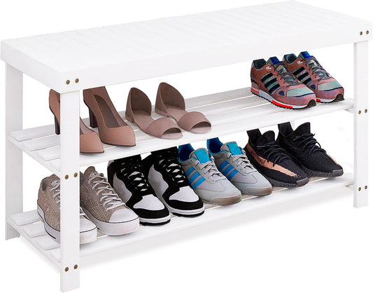 SMIBUY Bamboo Shoe Rack Bench, 3-Tier Shoe Organizer Storage Shelf for Entryway Hallway Bathroom Living Room (White)