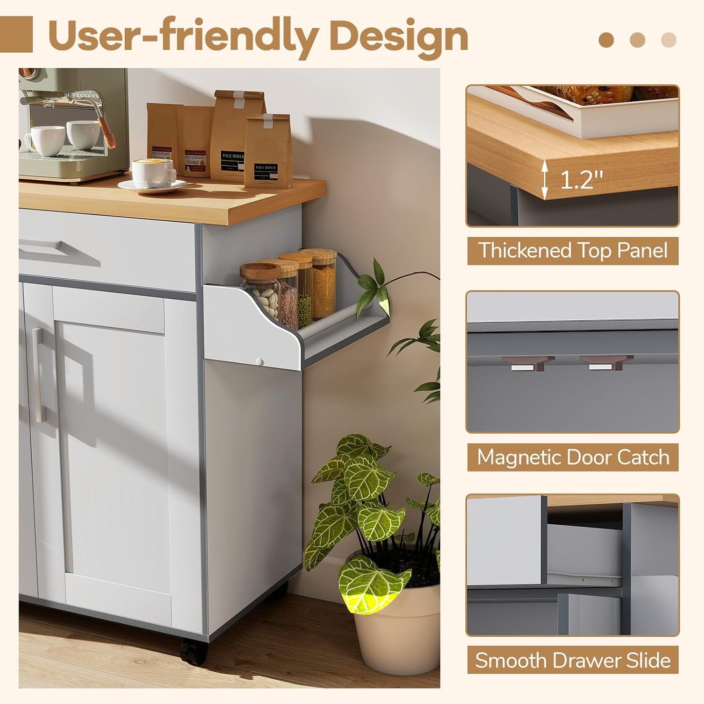 COSTWAY Kitchen Island On Wheels, Rolling Storage Trolley Cart with Large Cabinet, Drawer, Spice Rack and Towel Rack, Kitchen Serving Utility, 3-Position Adjustable Shelf (Grey)