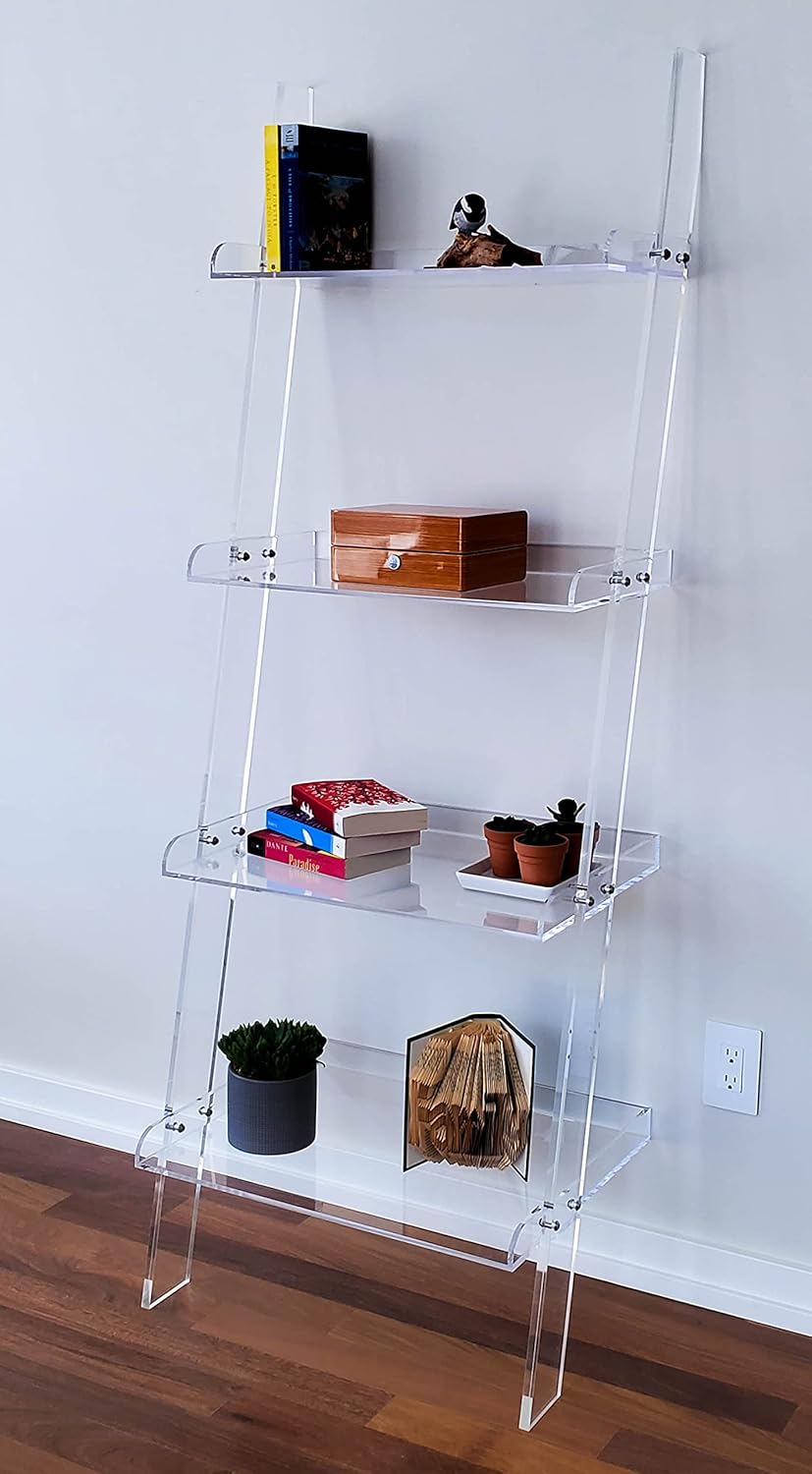 Acrylic Ladder Bookcase – Large Modern Clear Leaning Floating Wall Bookshelf - Standing Decor Display Unit for Open Shelving, Organizer, or Storage in the Living Room, Office, Bedroom, or Bathroom