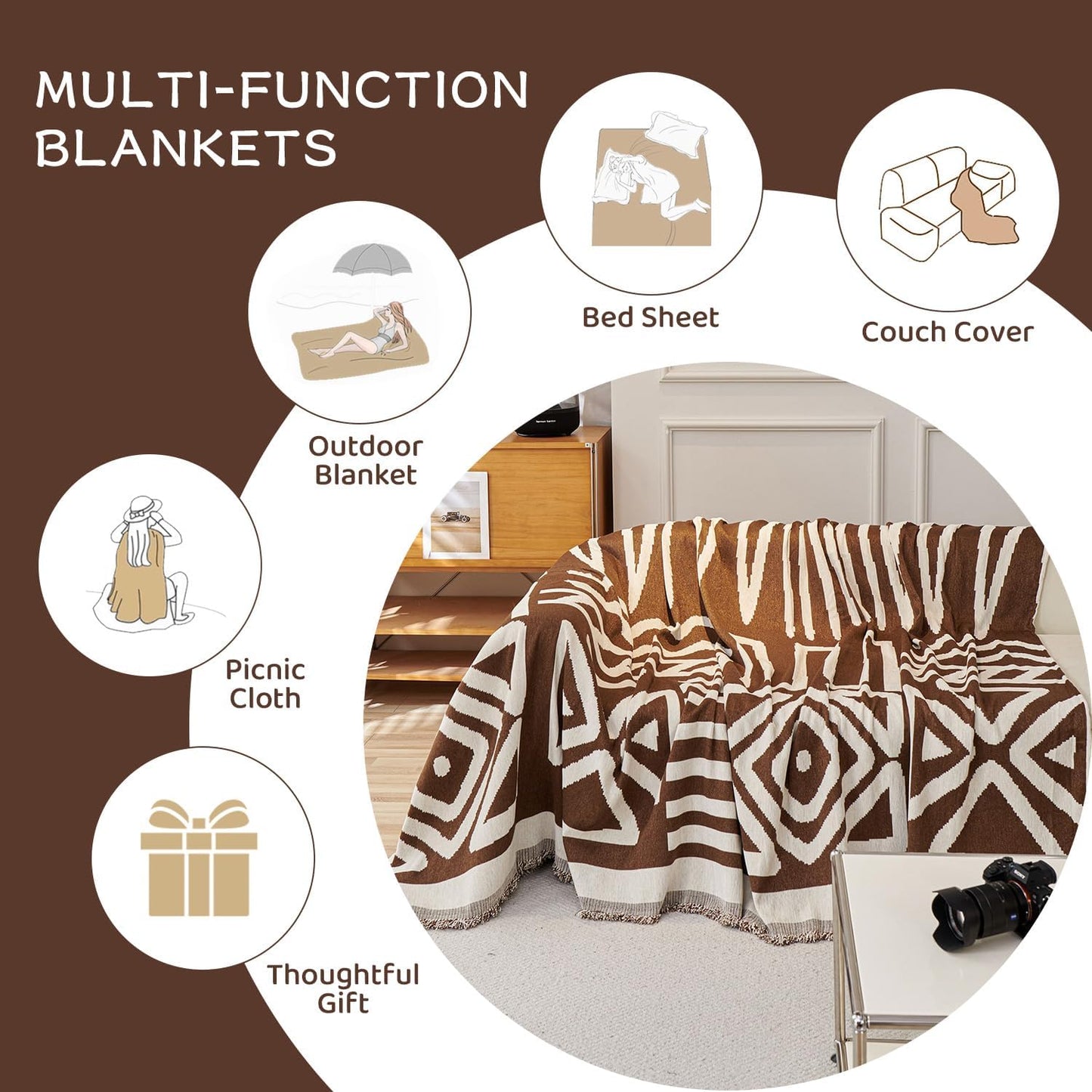 STACYPIK Boho Chocolate Beige Sofa Cover Anti-Slip Reversible Couch Cover for 2 Cushion Couch Soft Chenille Armchair Slipcovers L Shaped Cover for Sectional Furniture Protector for Kids Dogs-71X102IN
