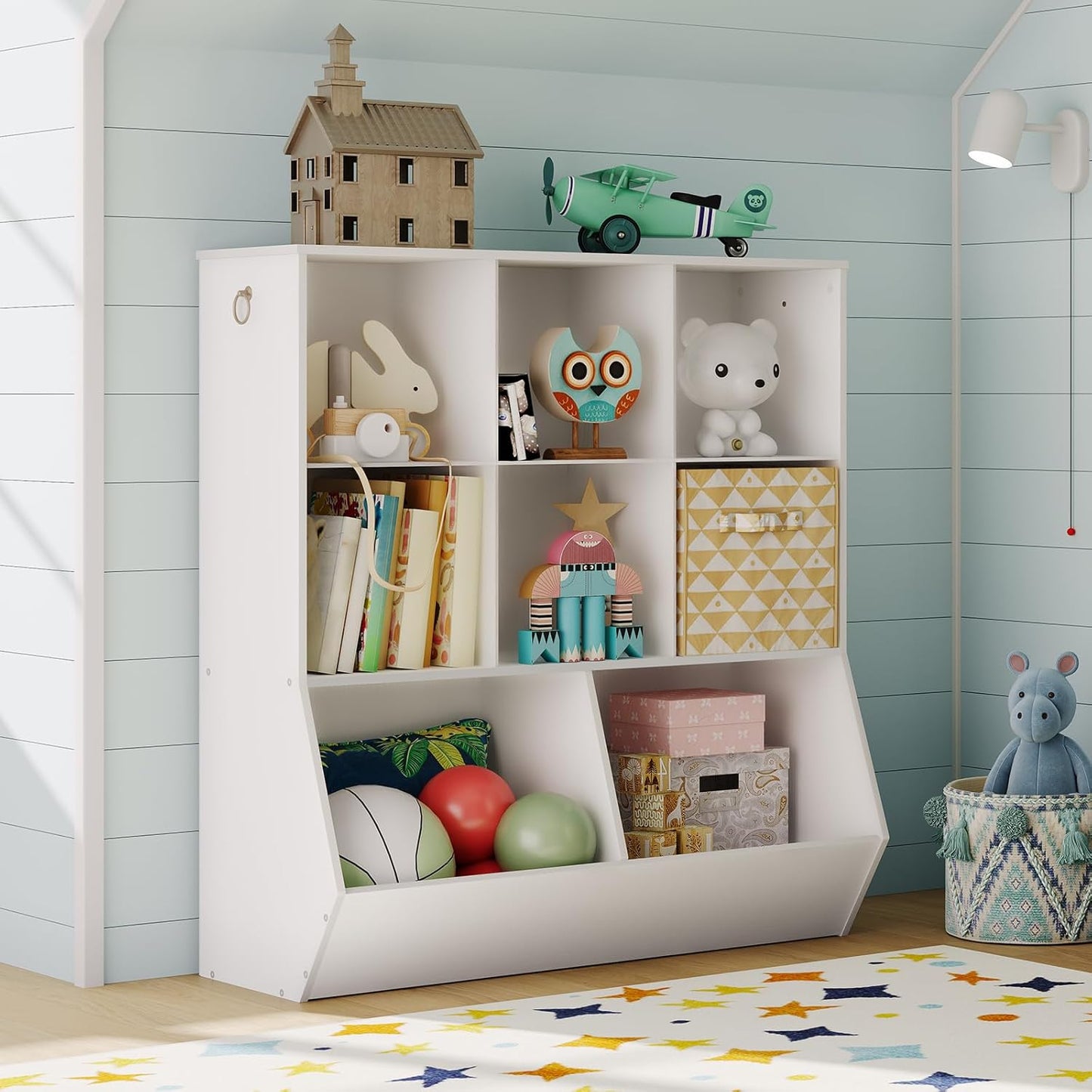 HOOBRO Kids Bookshelf, Toy Storage Organzier with 8 Cubicles, Bookcase Footboard, Bookshelf for Kids, for Playroom, Nursery, Bedroom, and School, White WT35CW01G1