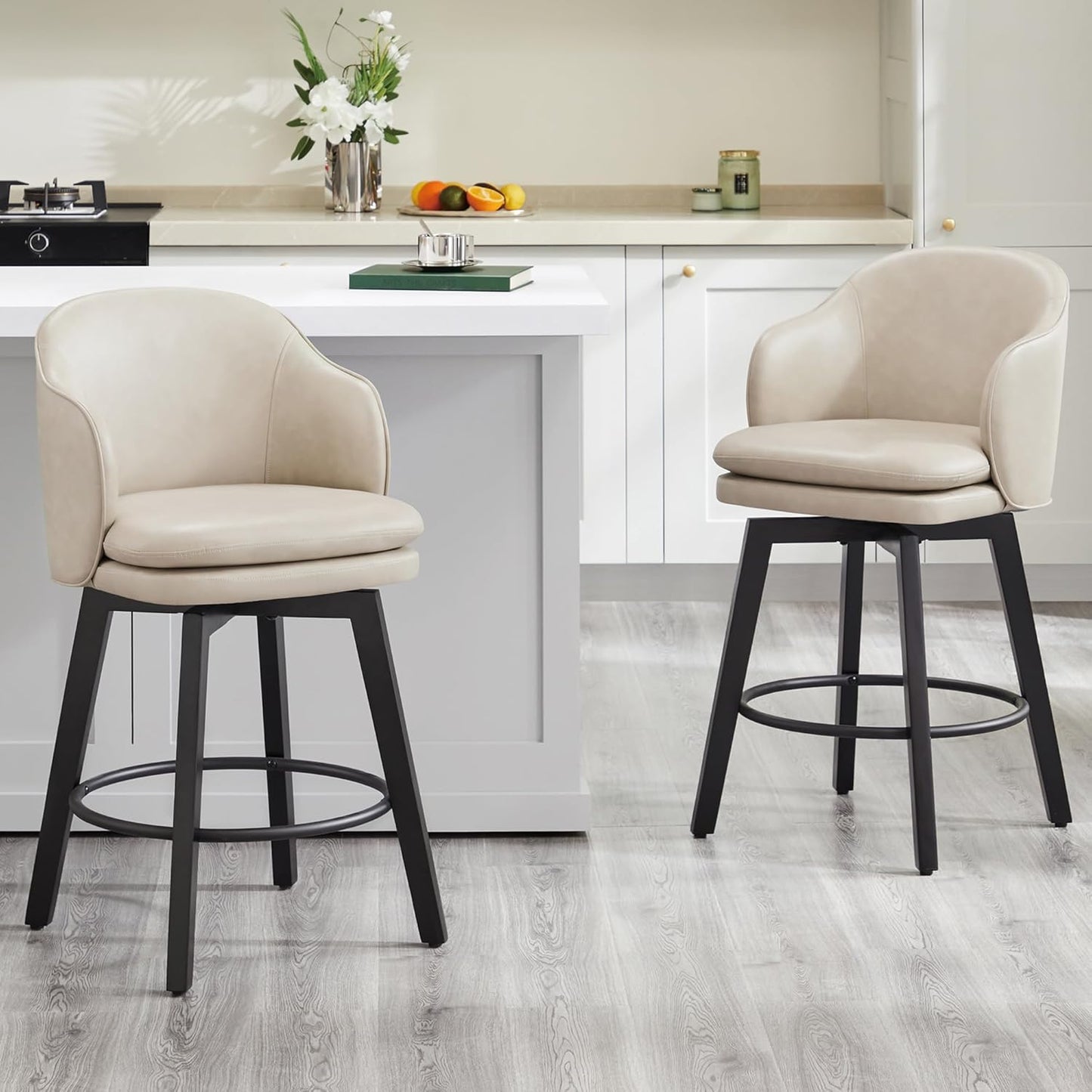 Counter Height Barstools 26 inch Upholstered Swivel Bar Stools with Back and Wood Legs for Kitchen Island,Set of 2,Beige PU Leather