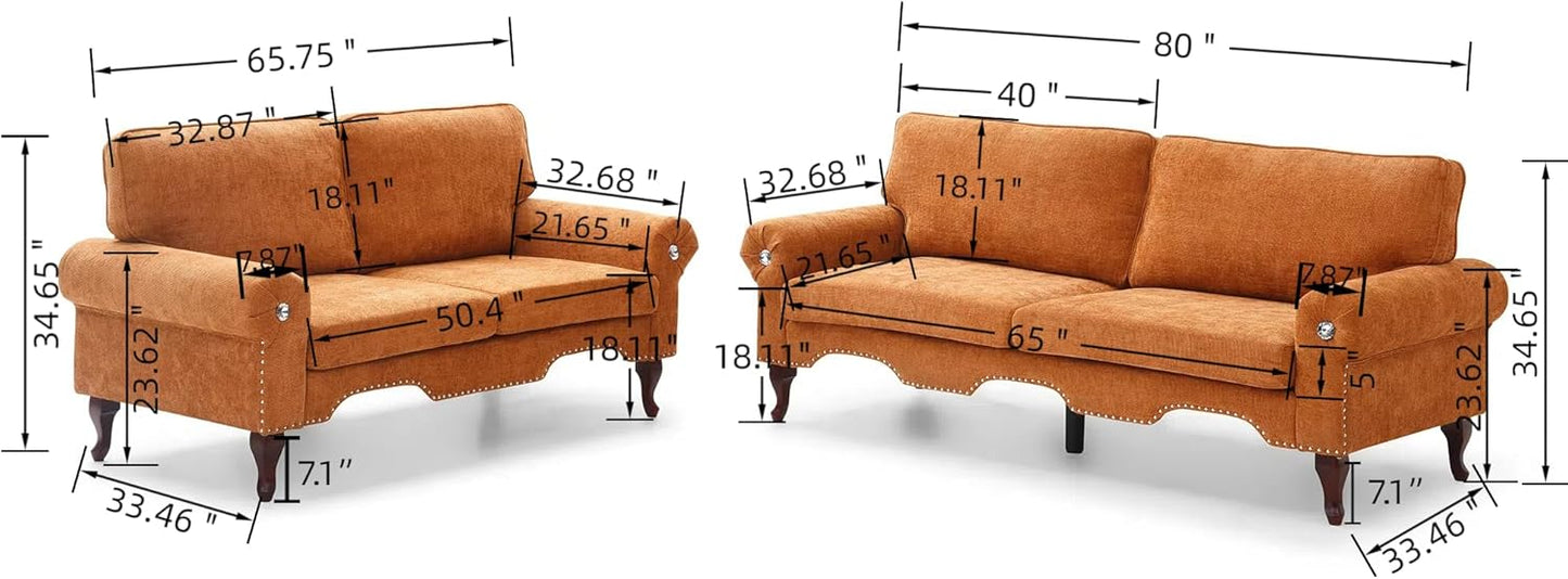 2 Piece Sectional Sofa Set, 2+3 Seat Convertible Couch with Movable Pillows, Upholstered Couches for Living Room, Orange