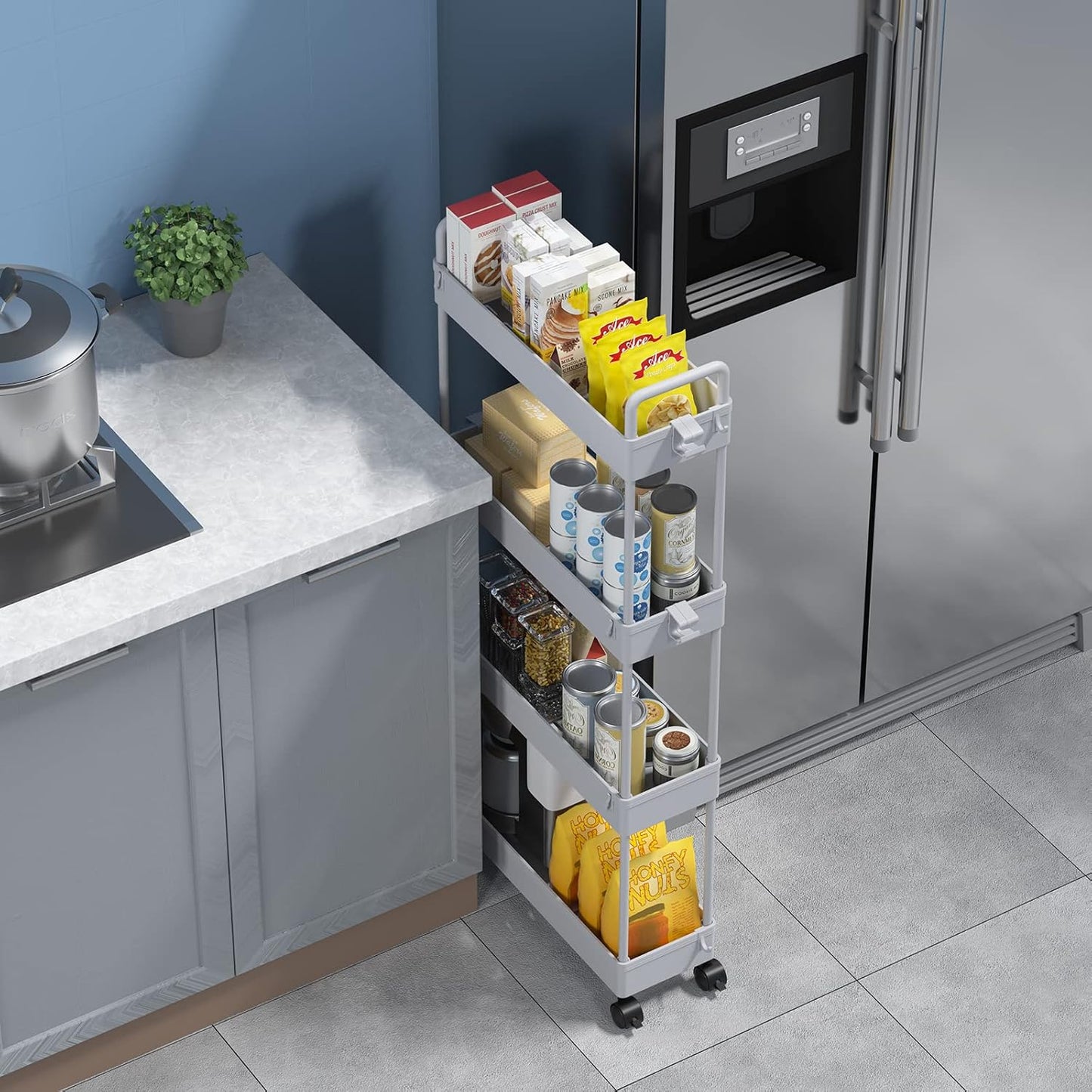 SOLEJAZZ Slim Rolling Storage Cart with Wheels 4 Tier Skinny Bathroom Storage Organizer Narrow Shelf Unit Thin Laundry Room Utility Cart for Bedside Kitchen Office Next to Fridge Small Places, Gray