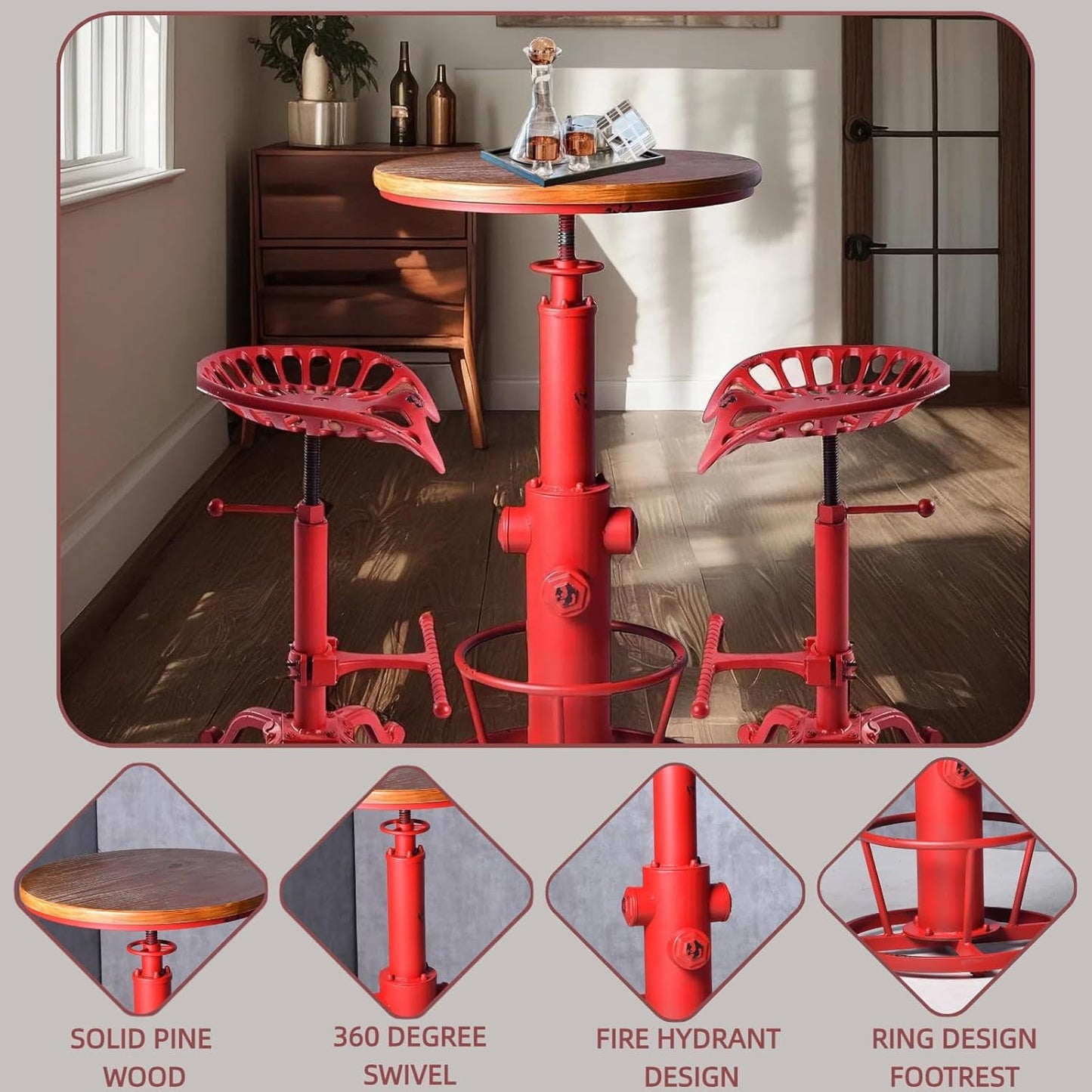 Vintage 38.6-44.4inch Height Adjustable Bar Table Industrial Fire Hydrant Design Pub Tables Farmhouse Cafe Cocktail Desk Rustic Bistro Table Swivel Wooden Top