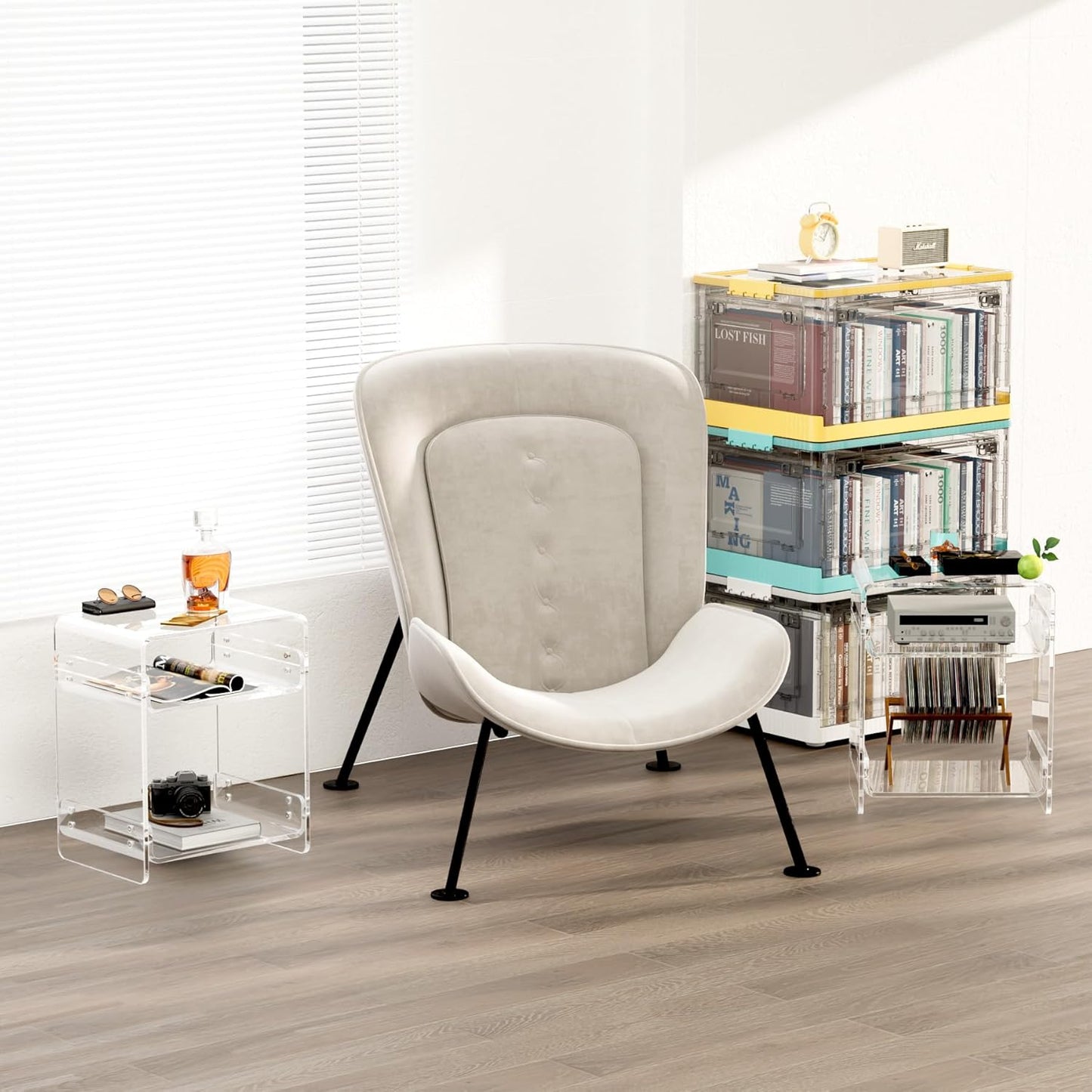 Acrylic Record Player Table with Storage Shelf– Sleek Bedside Storage with Durable Design, Perfect for Bedrooms, Living Rooms, or Modern Interiors – Ideal as a Bedside Table or Sofa Side Piece