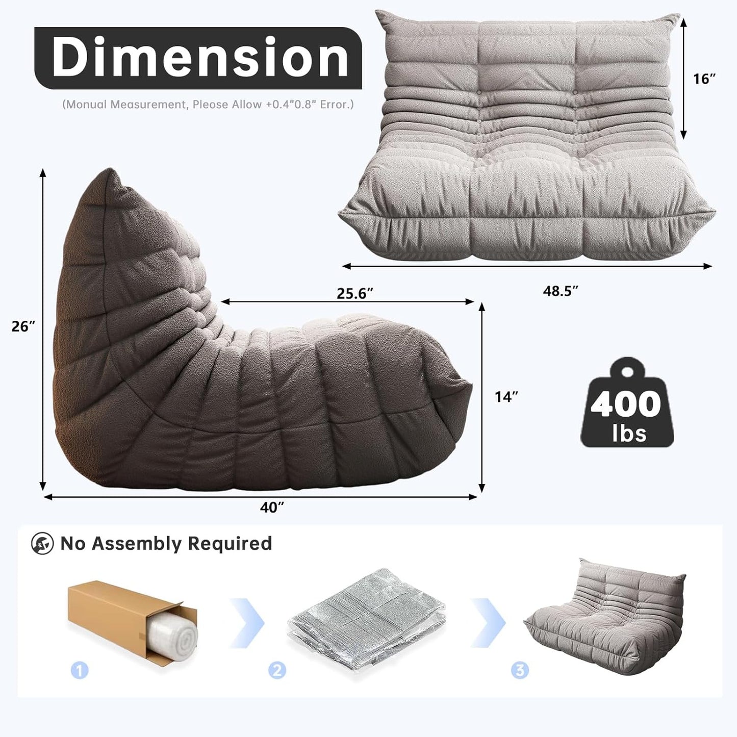 Bean Bag Chairs for Adults, Memory Foam Couch Loveseat Sofa Chair, Soft Teddy Material Cozy Comfy Reading Nook Chairs, Floor Chair for Living Room Bedroom Office(Grey)