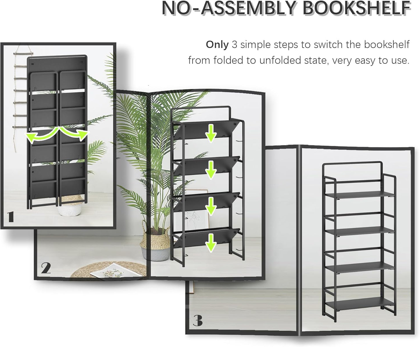 4NM No Assembly Folding Bookshelf, 4-Shelf 54" H Collapsible Foldable Bookcase Storage for Small Spaces, All Black