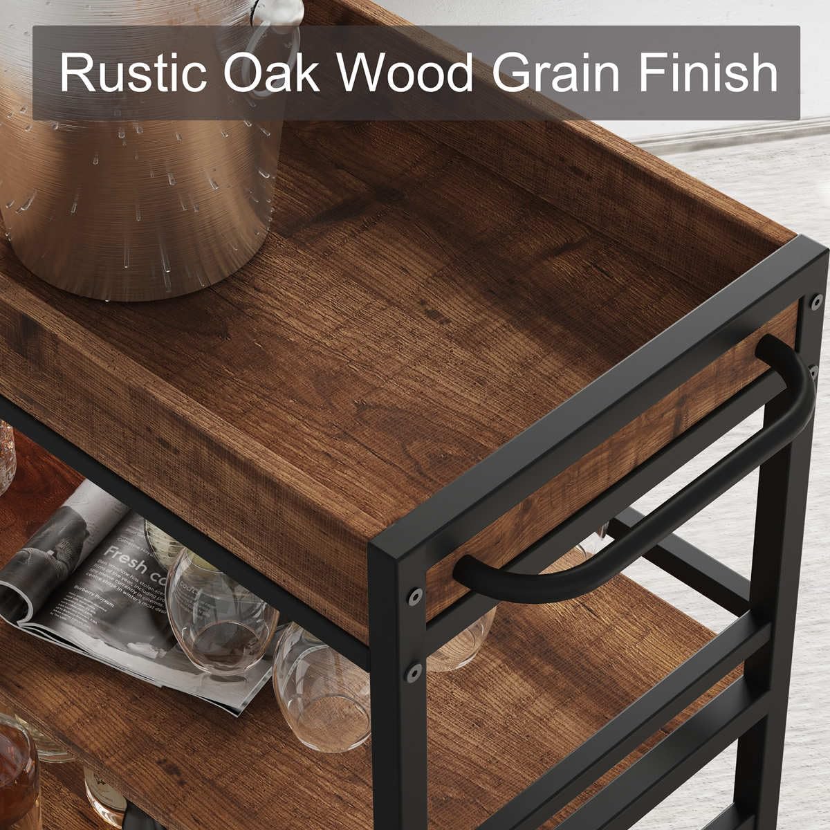 BON AUGURE Bar Cart for The Home, Rolling Home Bar Serving Cart on Wheels, 3 Tier Liquor Beverage Carts with Wine Rack and Glass Holder (Rustic Oak)