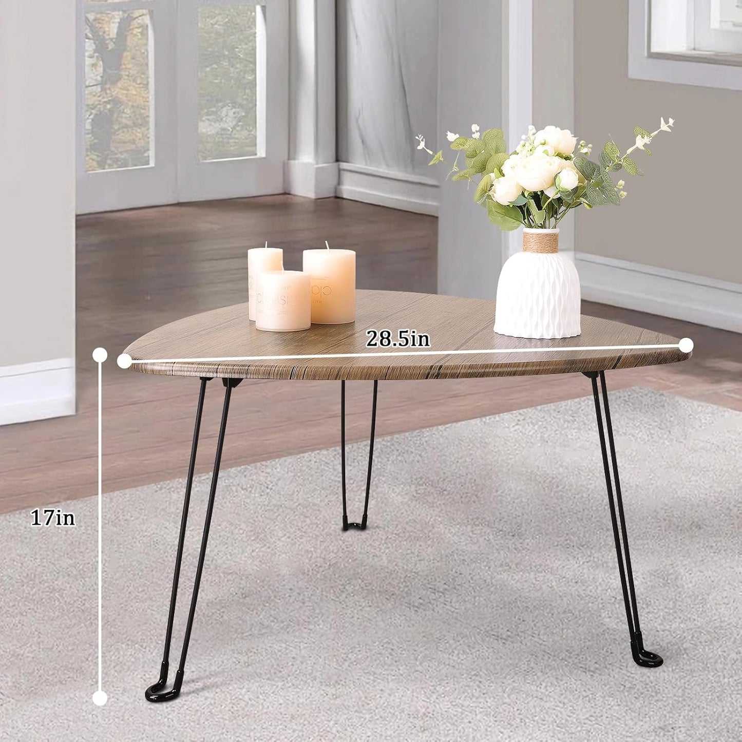 Folding Coffee Table for Living Room Small Wooden Folding Tables with Steel Legs Light Brown Triangle Coffee Table Mid Century Modern Floor Desk Low Table for Small Spaces Home Office