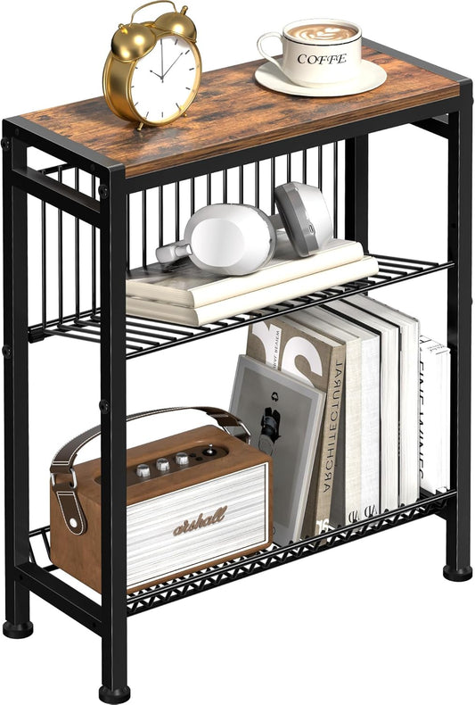 Narrow Side Table for Small Space, 3-Tier End Table with Magazine Holder,Slim Nightstand with Wire Shelf, Skinny Bedside Table in Living Room, Bedroom, Study, Kitchen and Balcony (Rustic Brown)