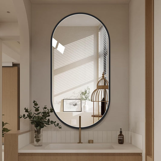 LAIYA 36x22inch Oval Wall Bathroom Mirror with Black Aluminum Frame,Wall Mounted Oval Vanity Mirrors， Explosion-Proof Glass, Waterproof Design, Easy Installation，Horizontally/Vertically