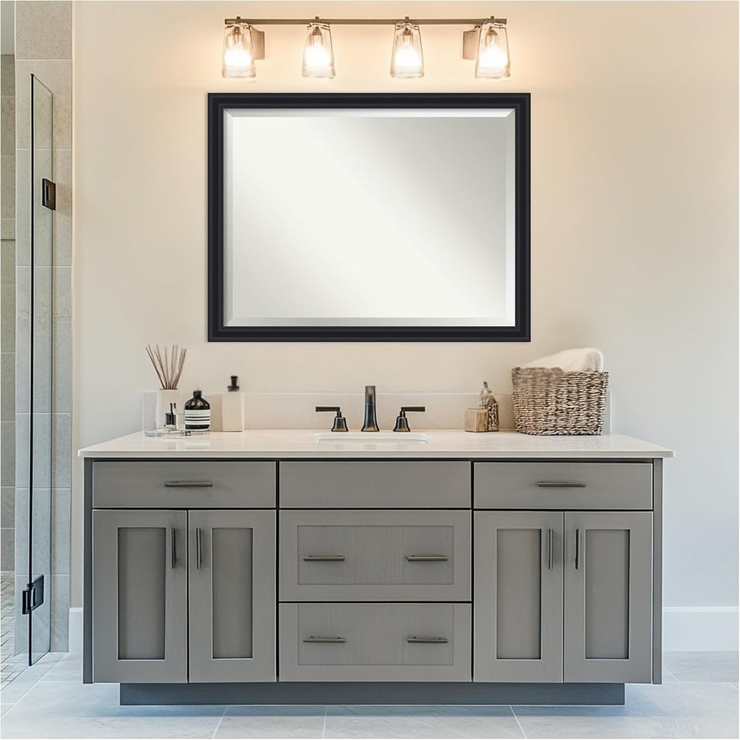 Amanti Art Black Bathroom Mirror for Over Sink, 34x44 Dalat Black Rectangle Vanity Mirror, X-Large Traditional Frame, Hangs Horizonally and Vertically, Bathroom Wall Decor, Beveled Edge