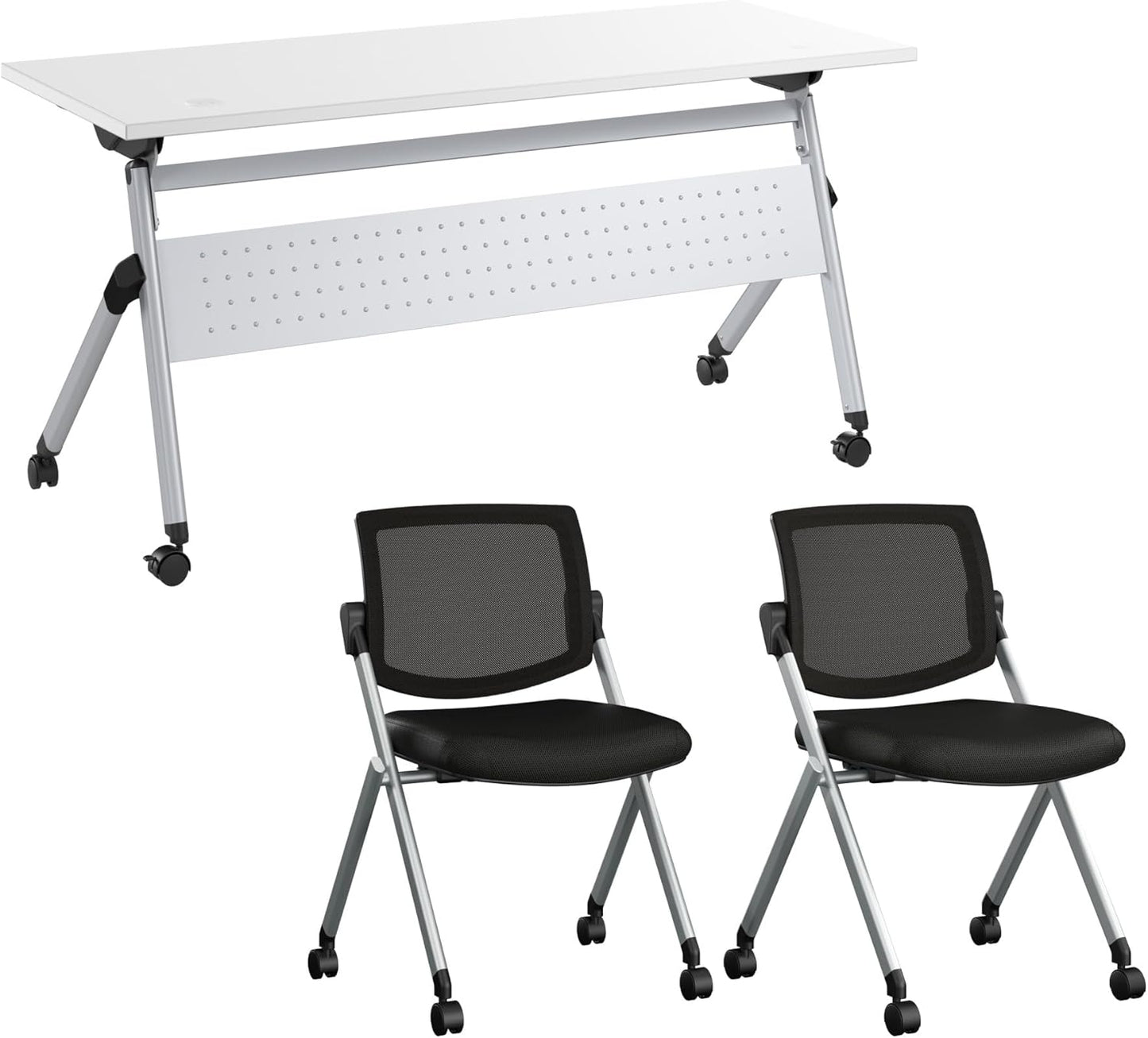 Bush Business Furniture Folding Training Table Set for 2, 60 inch, 2 Mesh Back Folding Chairs, Commercial-Grade Bundle for Office or Classroom, Envision Collection, White