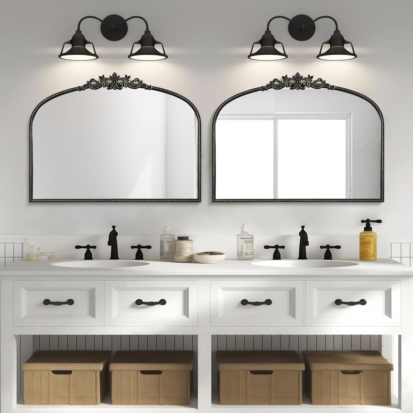 WallBeyond Black Antique Arched Vintage Wall Mirror, 24x32 Inch, Iron Frame, Bathroom, Living Room, Entryway