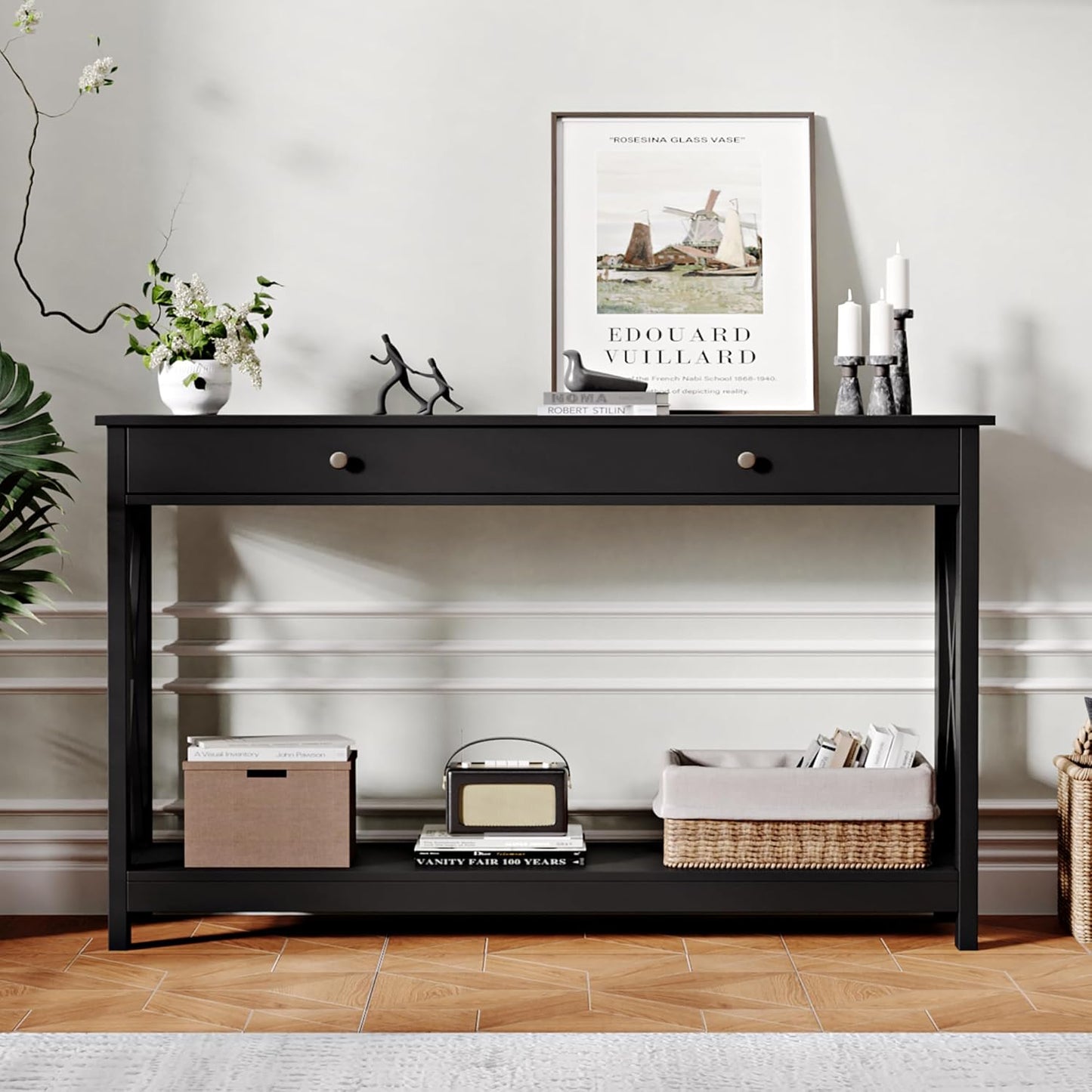 Treocho 47" Farmhouse Console Table with Drawer and Storage Shelves, Foyer Sofa Table Narrow for Entryway, Living Room, Hallway, Black